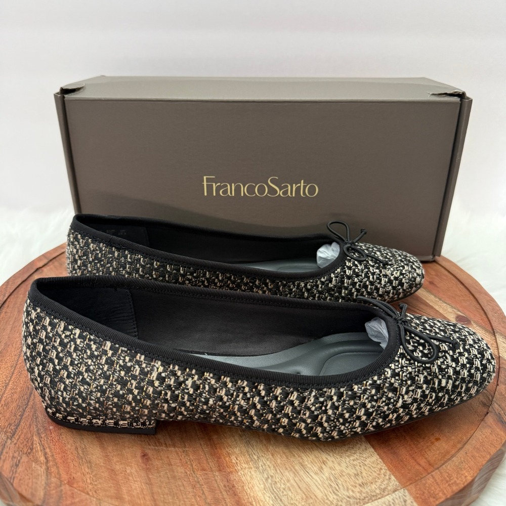 Franco Sarto Abigail Womens 9M Beige Black Tweed Square Toe Ballet Flats Shoes